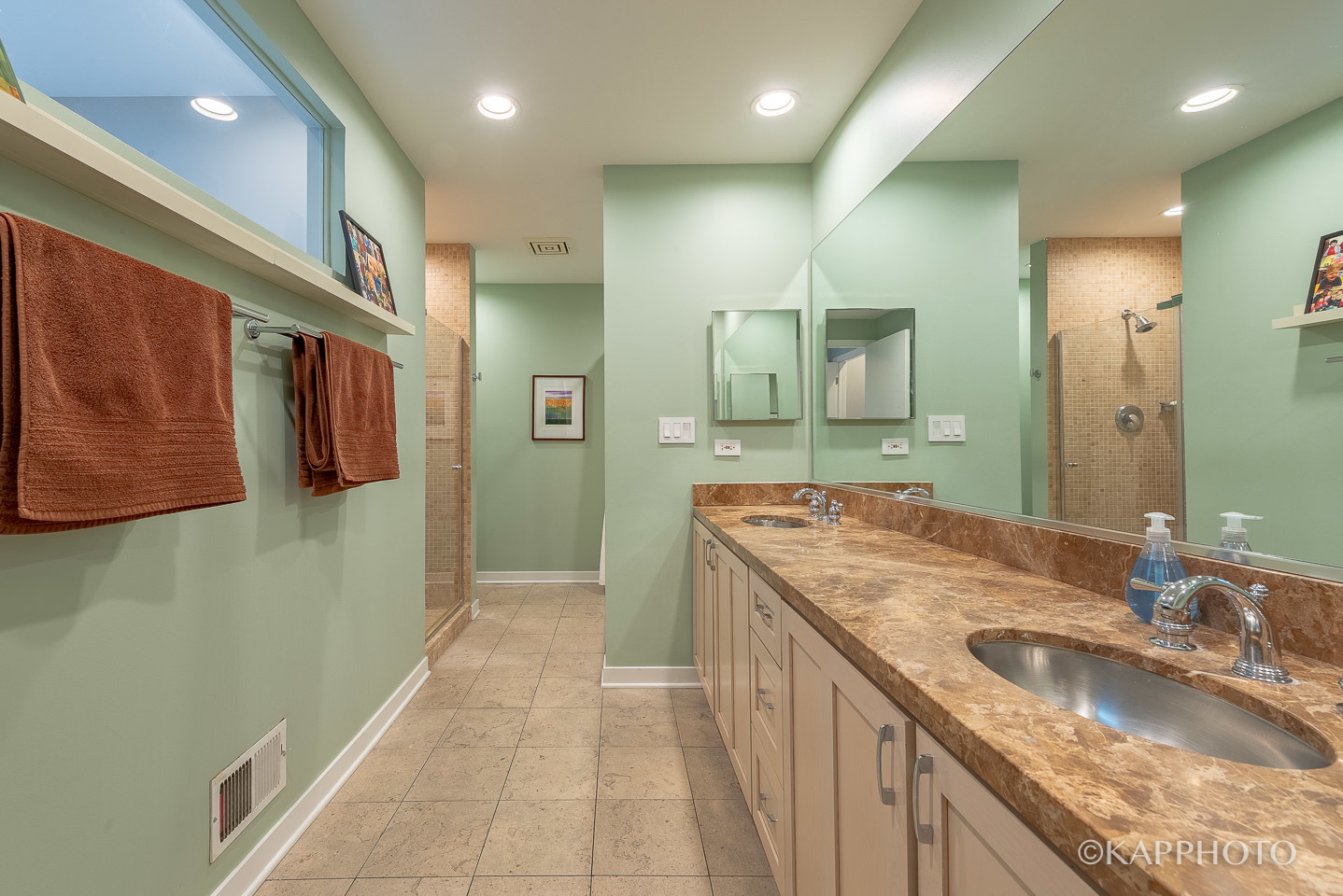 27 North Racine Avenue, Unit 432 Chicago, IL 60607 - Photo 20 of 28 a bathroom with a granite countertop sink a mirror a vanity and shower