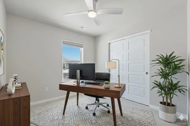 a view of a workspace with furniture and a potted plant
