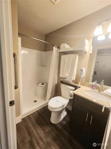 a bathroom with a sink toilet a mirror and shower