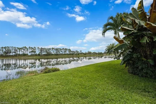 a view of a lake with houses in the back
