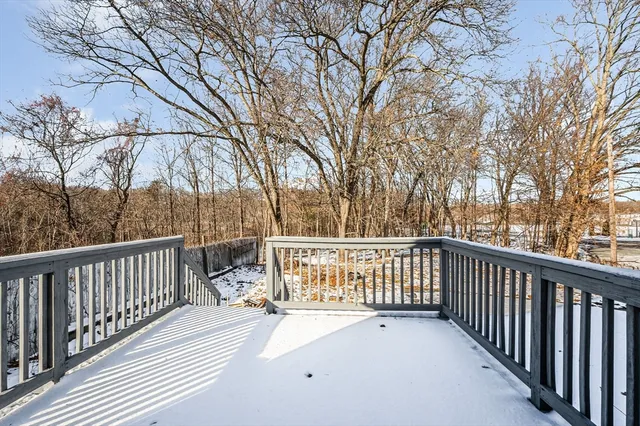 a view of backyard with deck and trees