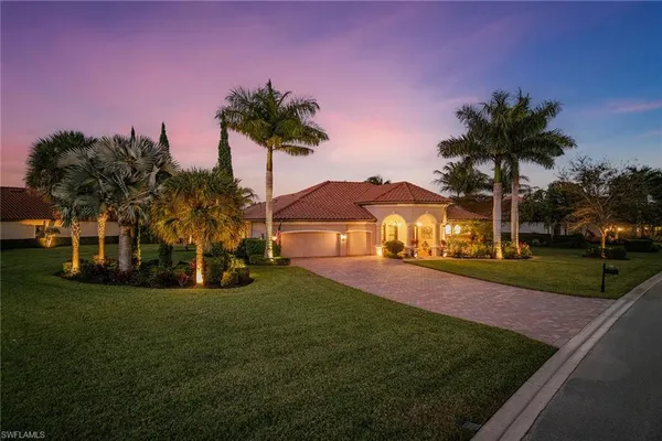 a palm tree sitting in front of a house with a big yard
