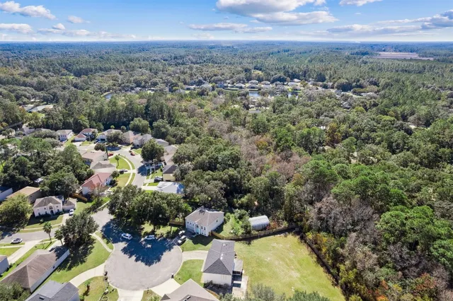 an aerial view of residential houses with outdoor space and trees