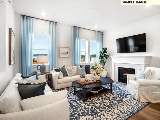 a living room with furniture a rug and a fireplace