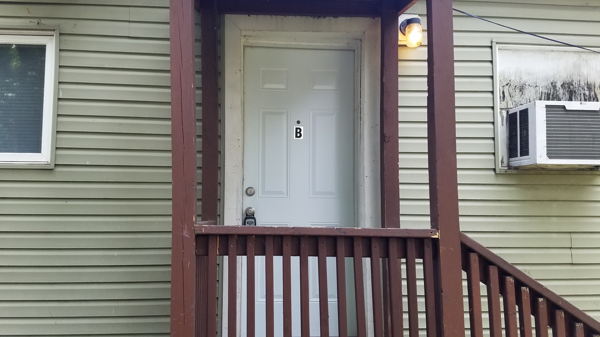 a view of a porch of a house