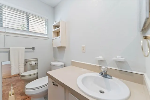 a bathroom with a sink a toilet and a large mirror