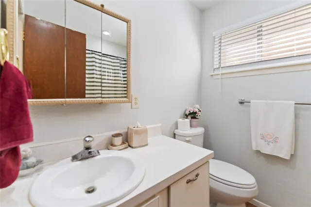 a bathroom with a sink a toilet and shower curtain