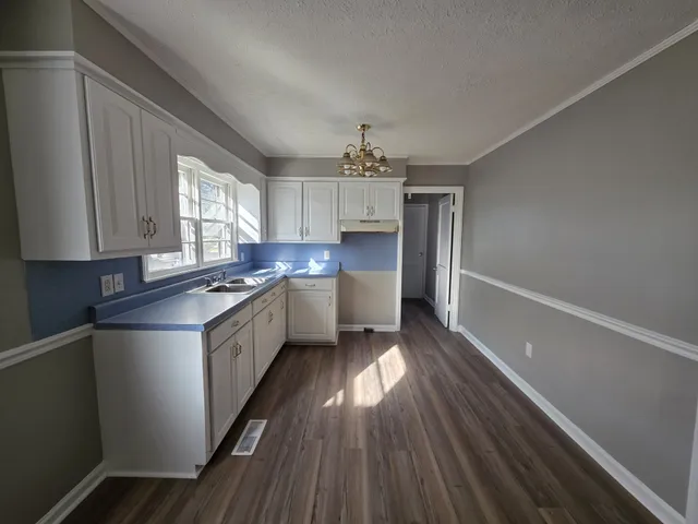 a kitchen with a sink cabinets wooden floor and stainless steel appliances