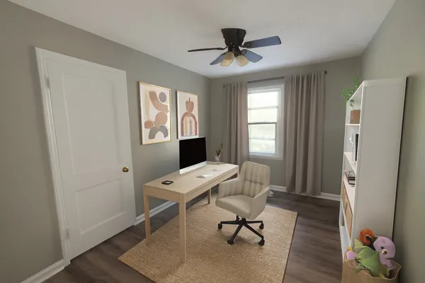 a workspace with furniture and window