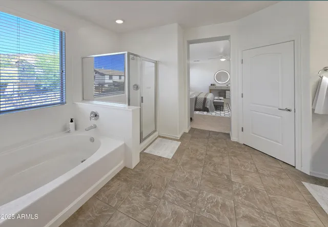 a bathroom with a bathtub and a shower
