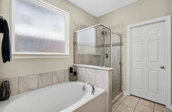 a bathroom with a bathtub and a shower
