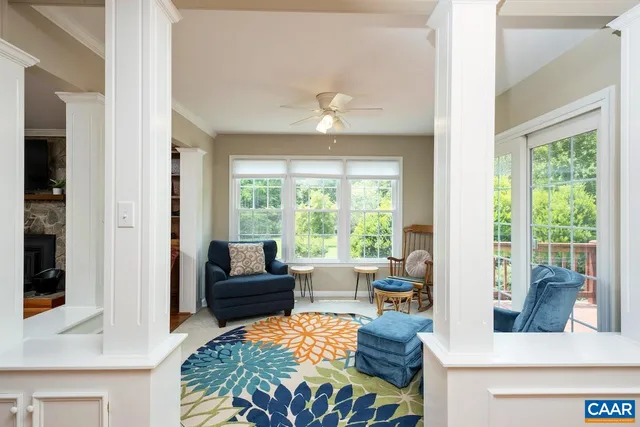 a view of a dining room with furniture