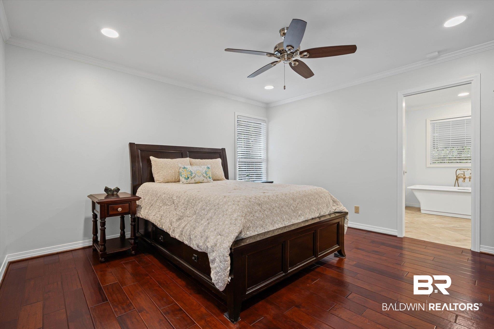 31369 Blakeley Way Daphne, AL 36527 - Photo 8 of 38 Bedroom with dark wood-type flooring, ornamental molding, a ceiling fan, and recessed lighting