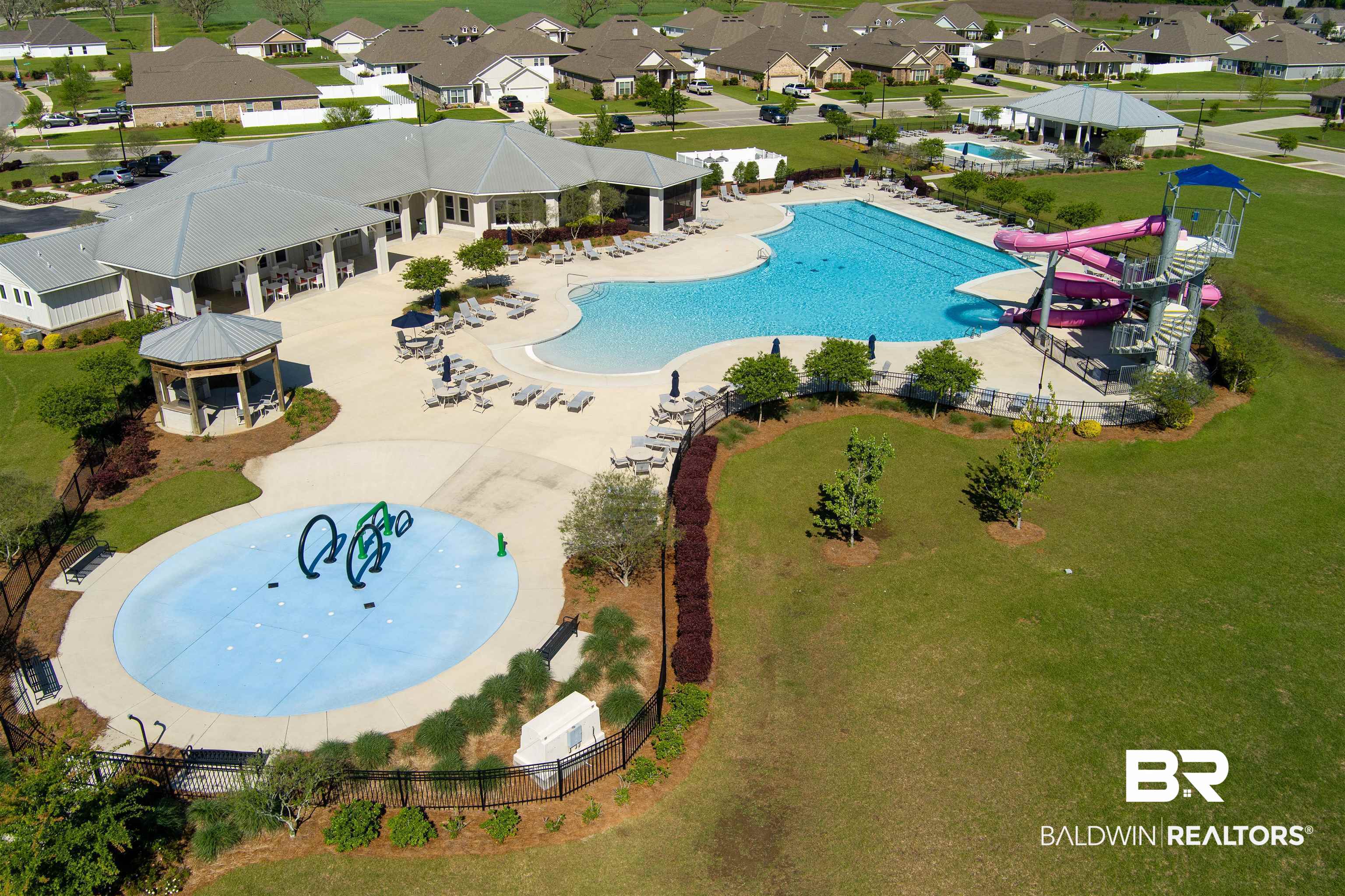 10261 Ruffian Route Daphne, AL 36526 - Photo 26 of 28 Pool with a patio area, fence, a water play area, a gazebo, and a residential view