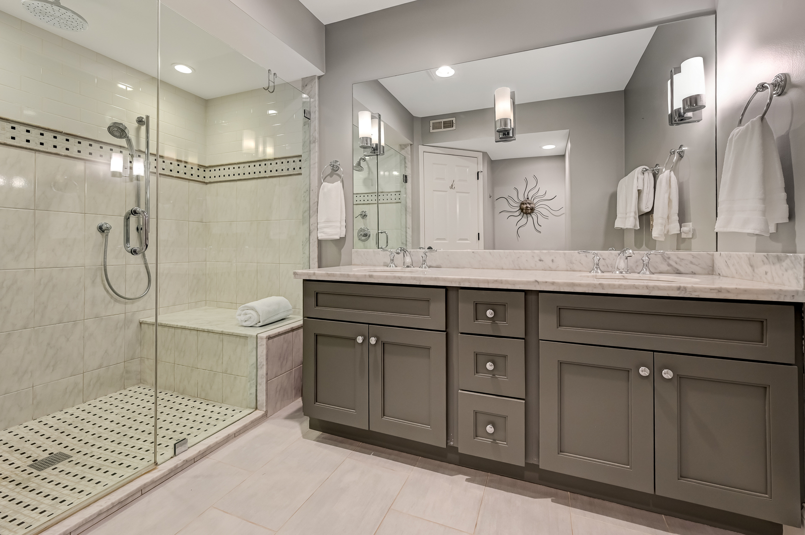 1208 Indian Trail Road, Unit 3E Hinsdale, IL 60521 - Photo 10 of 24 a bathroom with a granite countertop sink mirror and shower