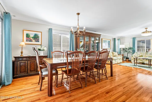 a view of a a dining room with furniture window and wooden floor