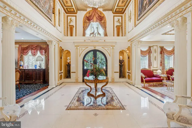 a view of a living room and a chandelier