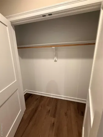 a view of a closet with wooden floor