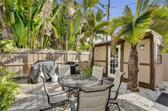 a view of a house with backyard and sitting area