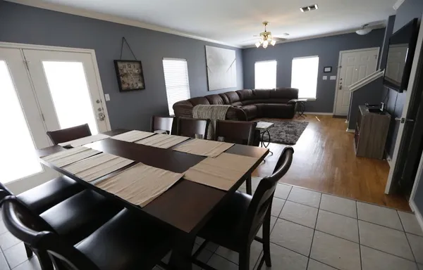 a view of a dining room with furniture
