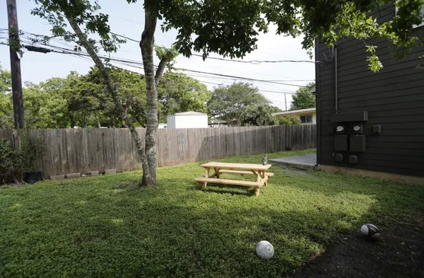 a garden view with a seating space