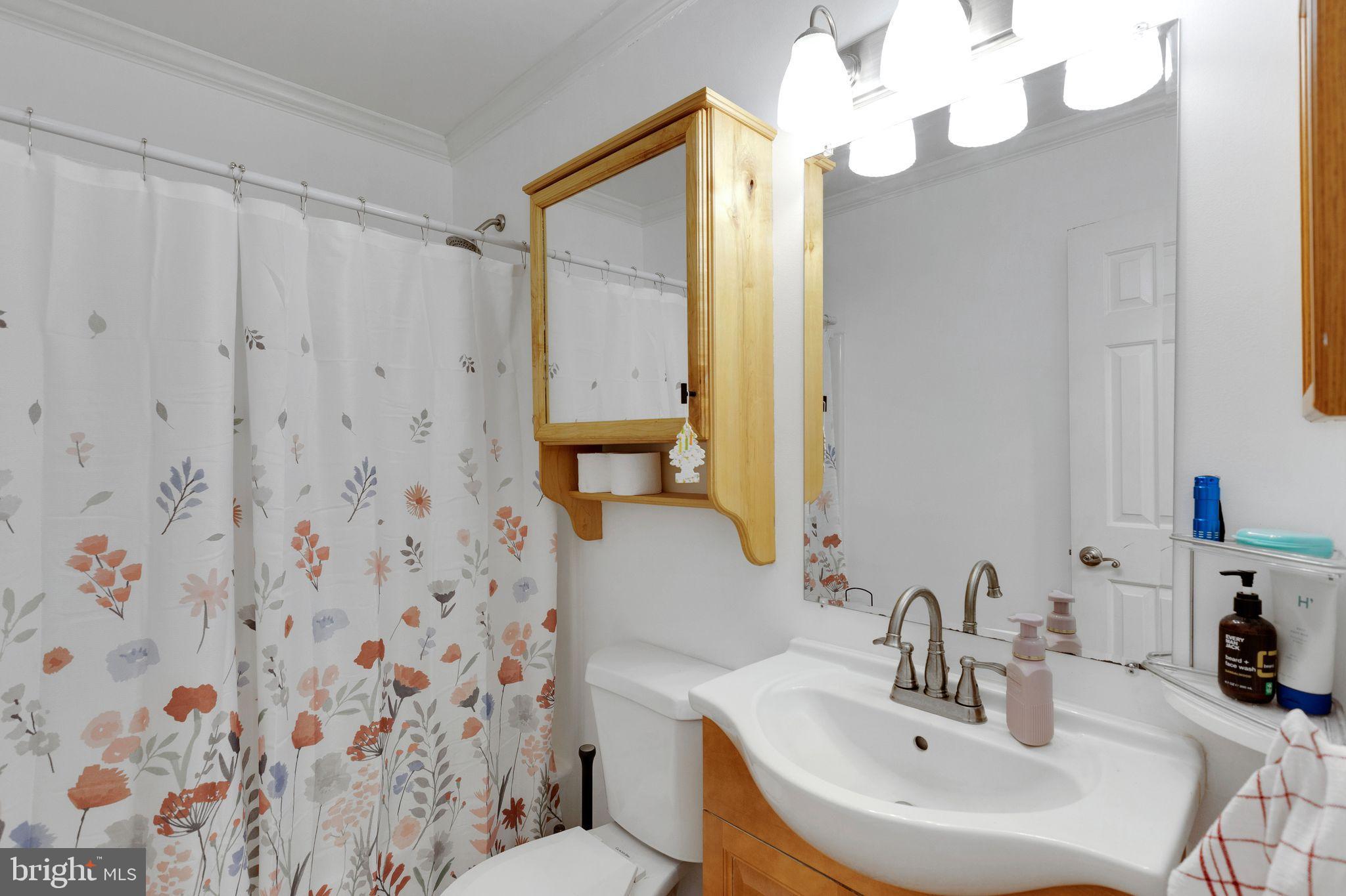 128 7th Street Colonial Beach, VA 22443 - Photo 23 of 32 a bathroom with a sink a mirror and a shower curtain