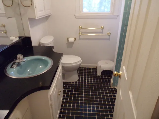 a bathroom with a sink toilet and a mirror
