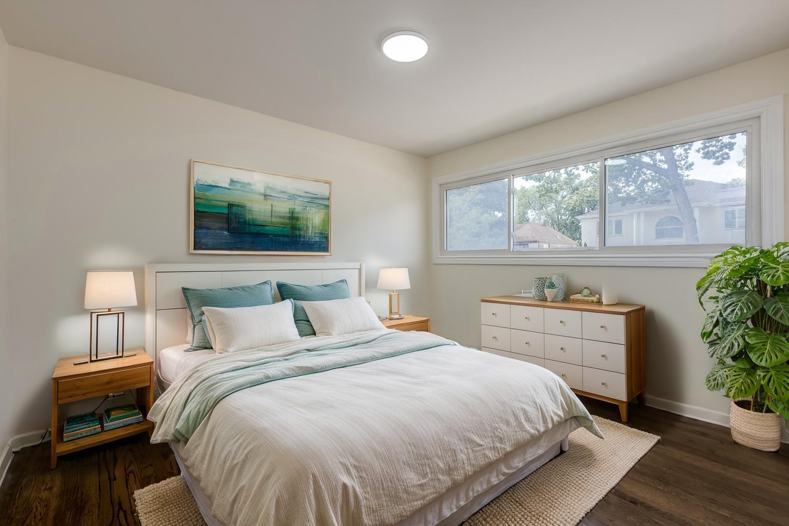 8717 Gross Point Road Skokie, IL 60077 - Photo 19 of 36 a bedroom with a bed and a potted plant