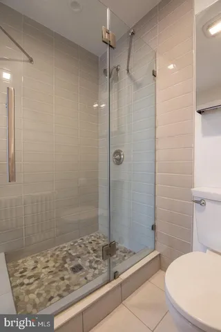 a bathroom with a shower and a toilet