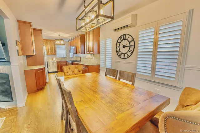 a view of a dining room with furniture