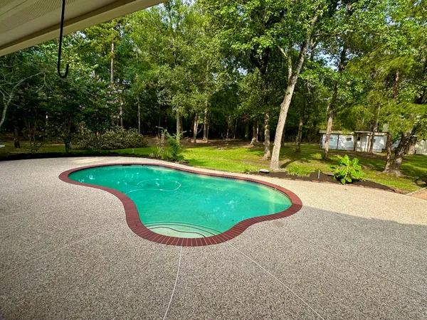 a view of a swimming pool and trees in the background