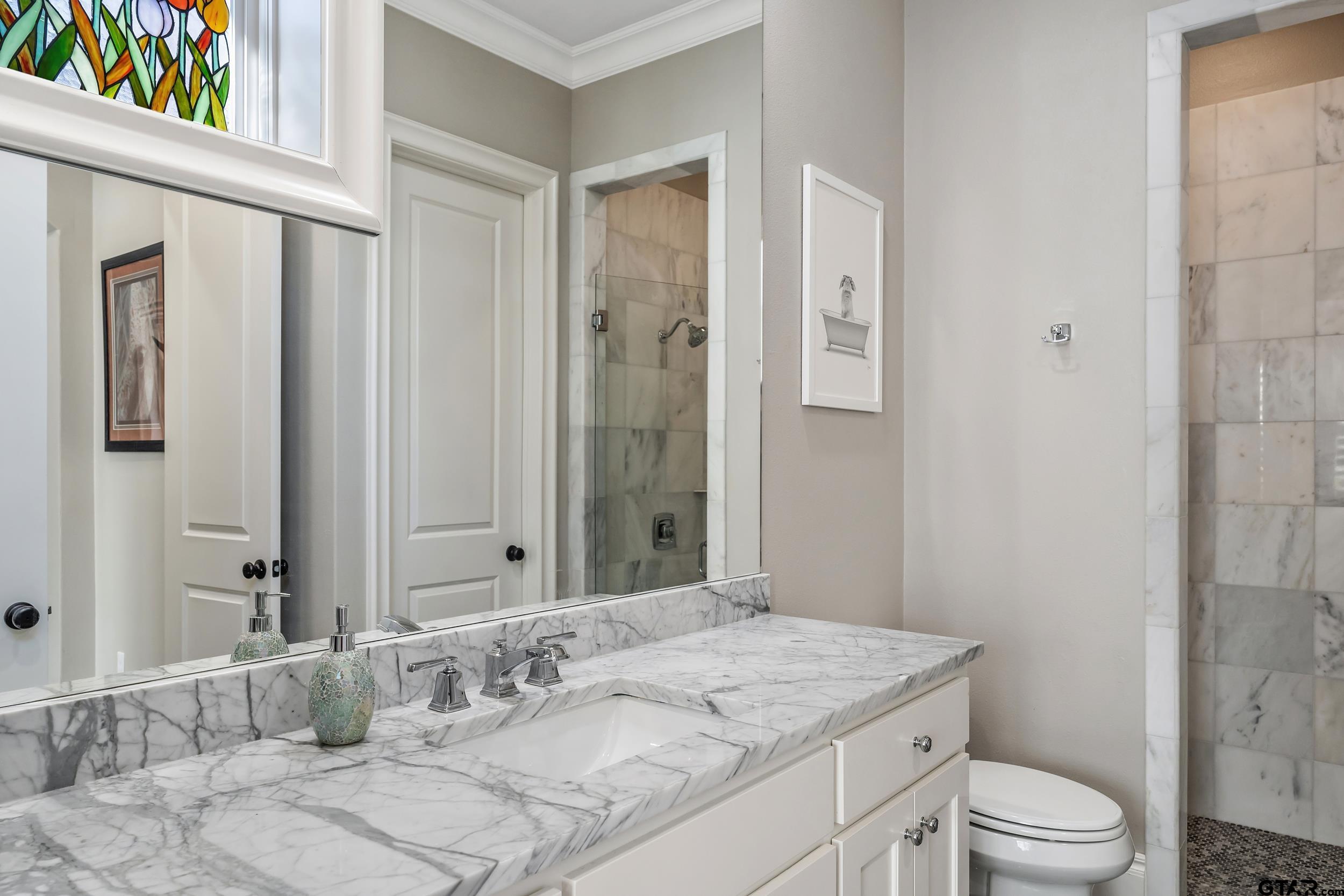 4535 Triggs Trace Tyler, TX 75709 - Photo 23 of 46 a bathroom with a granite countertop sink a mirror and a toilet