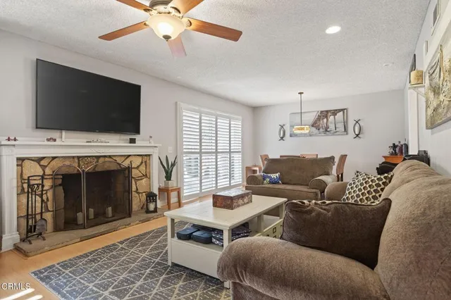 a living room with furniture a fireplace and a flat screen tv