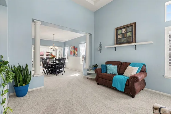 a living room with furniture and potted plant