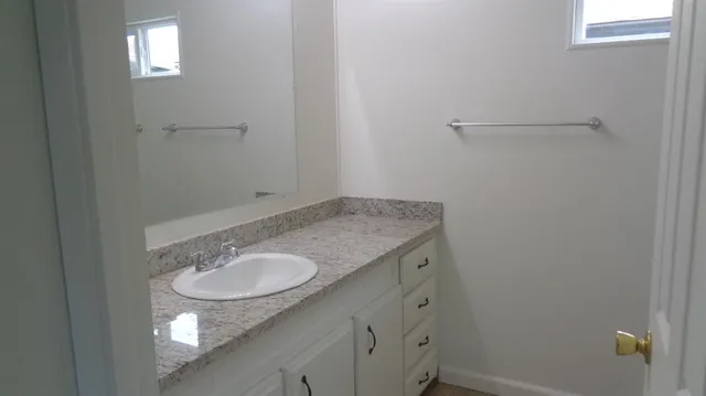 a bathroom with a sink and vanity