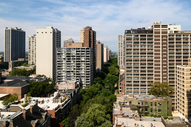 a city view with tall buildings