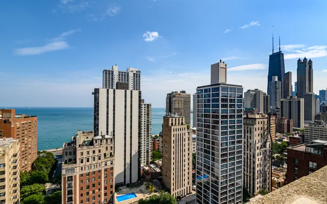 a city view with tall buildings