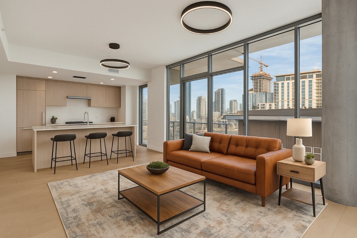 44 East Avenue, Unit 3107 Austin, TX 78701 - Photo 3 of 40 a living room with furniture and a large window