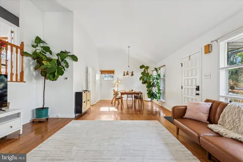 a living room with furniture potted plant and a table