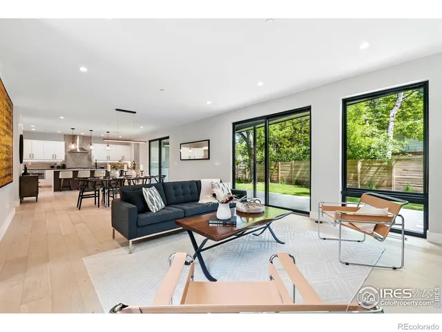 a living room with furniture and floor to ceiling window