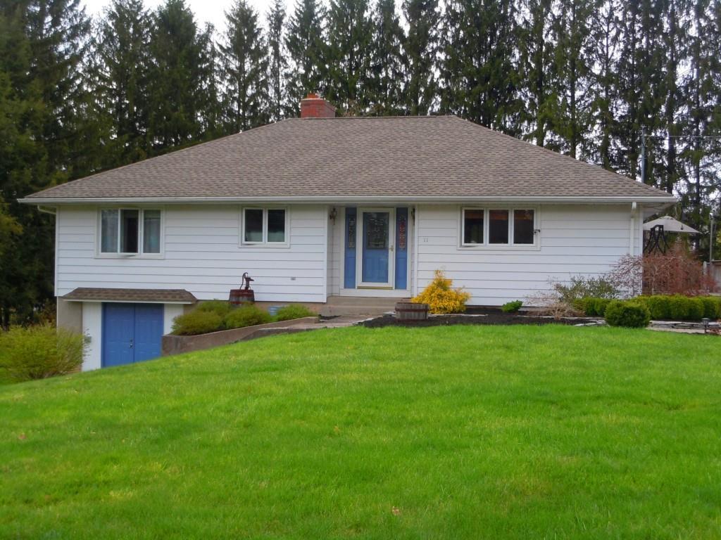 a front view of house with yard and green space