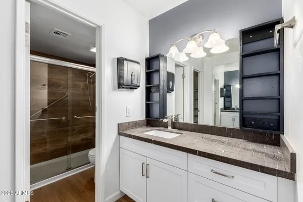 a bathroom with a shower and a toilet
