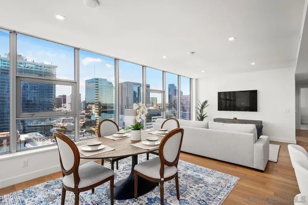 a view of a dining room with furniture
