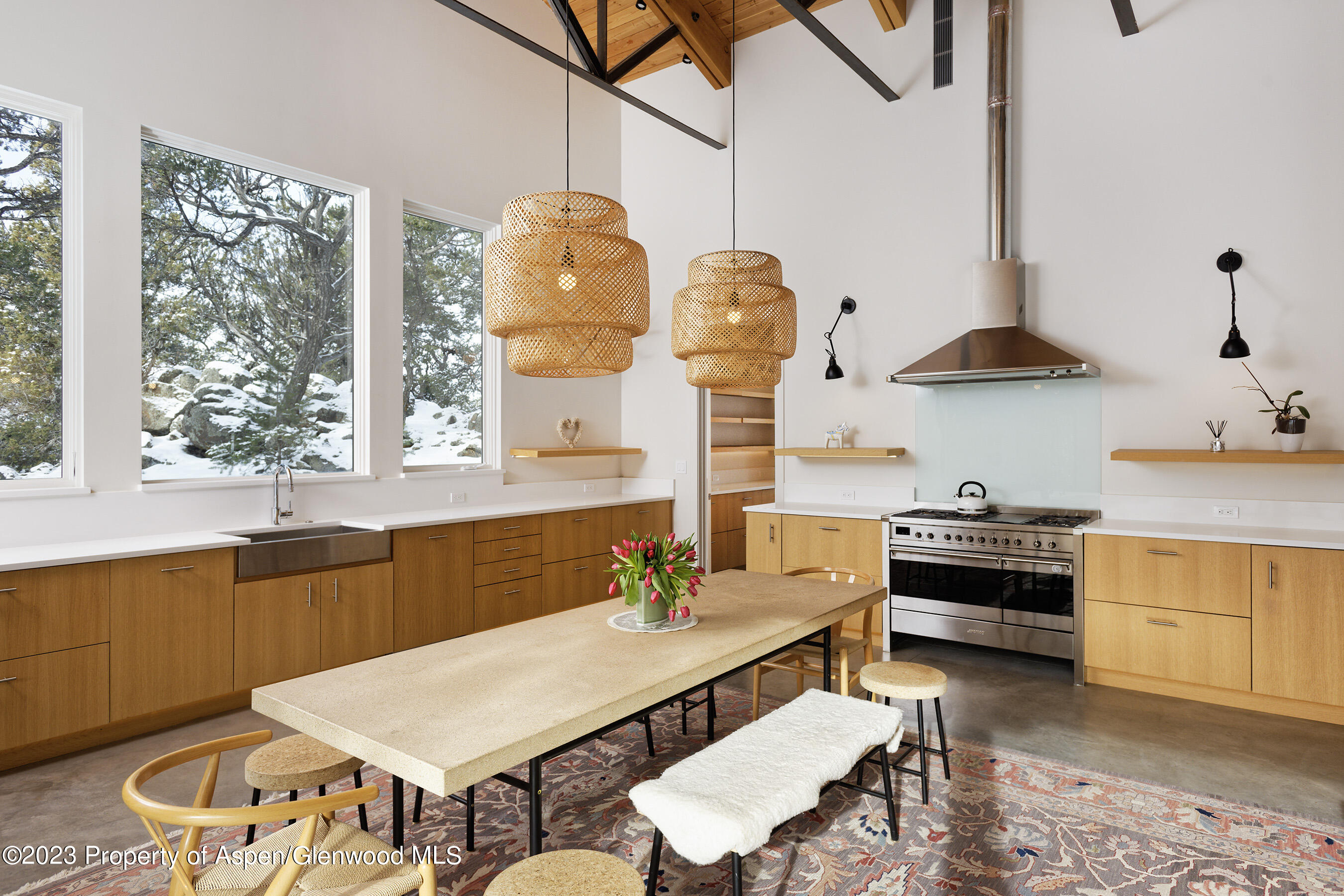89 Sage Swale Road Carbondale, CO 81623 - Photo 6 of 23 a kitchen with stainless steel appliances a stove a sink and a dining table with garden view