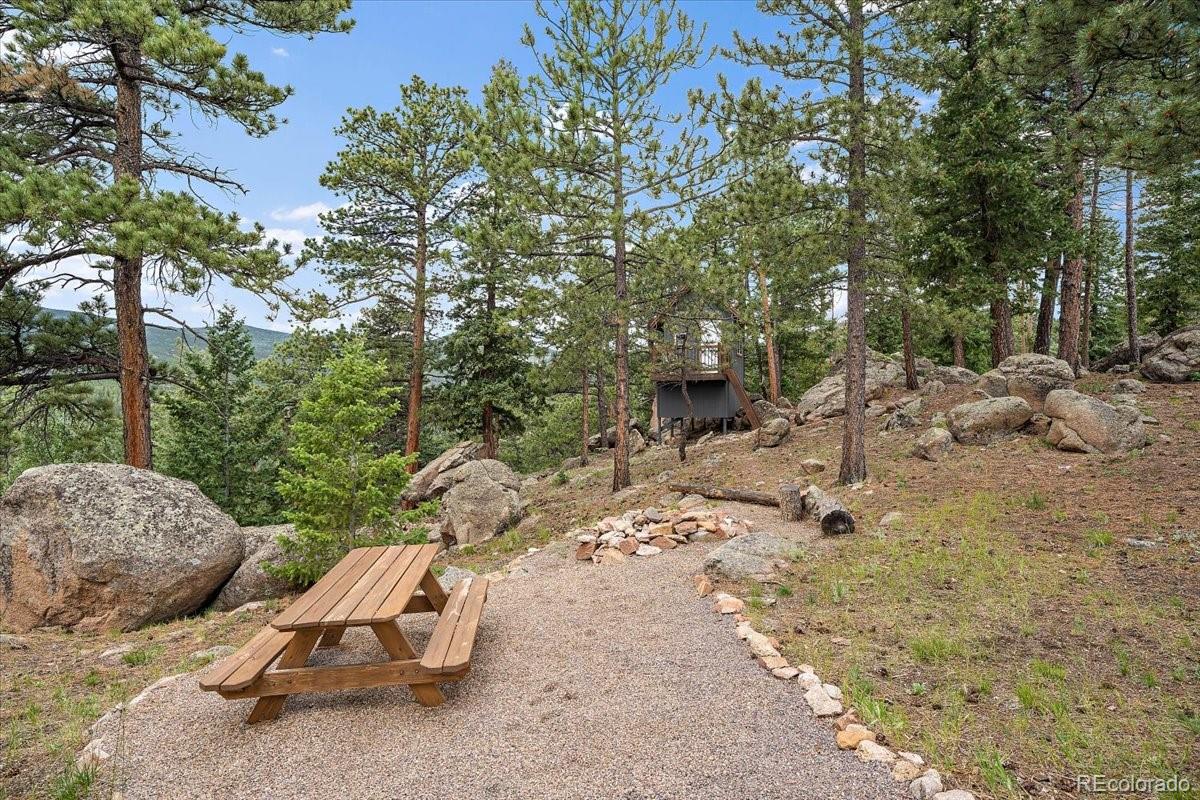 32482 Lodgepole Drive Evergreen, CO 80439 - Photo 35 of 40 a view of backyard with outdoor seating and trees