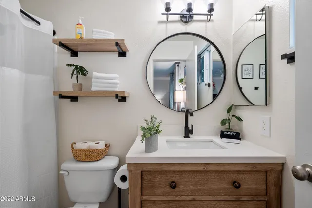 a bathroom with a sink a toilet and a mirror