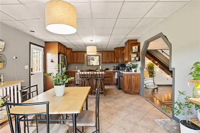 a view of a dining room with furniture