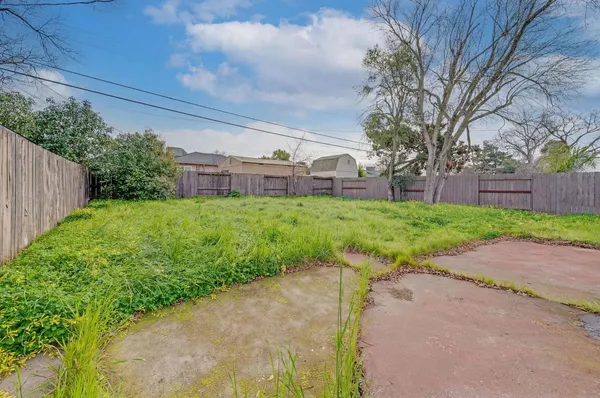 a backyard of a house with plants and trees