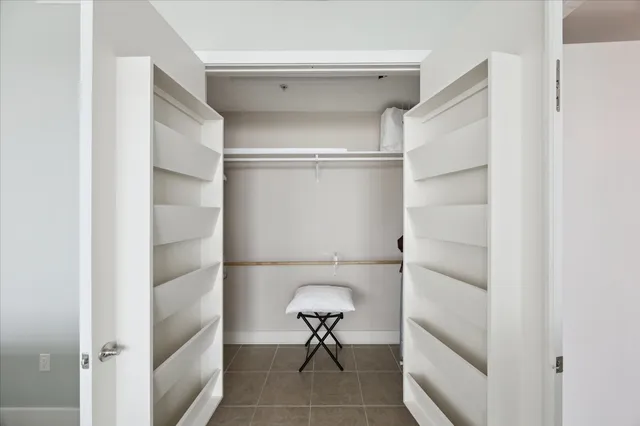 a room with shelves