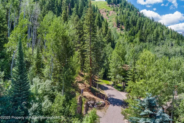 an aerial view of residential house with outdoor space and trees all around